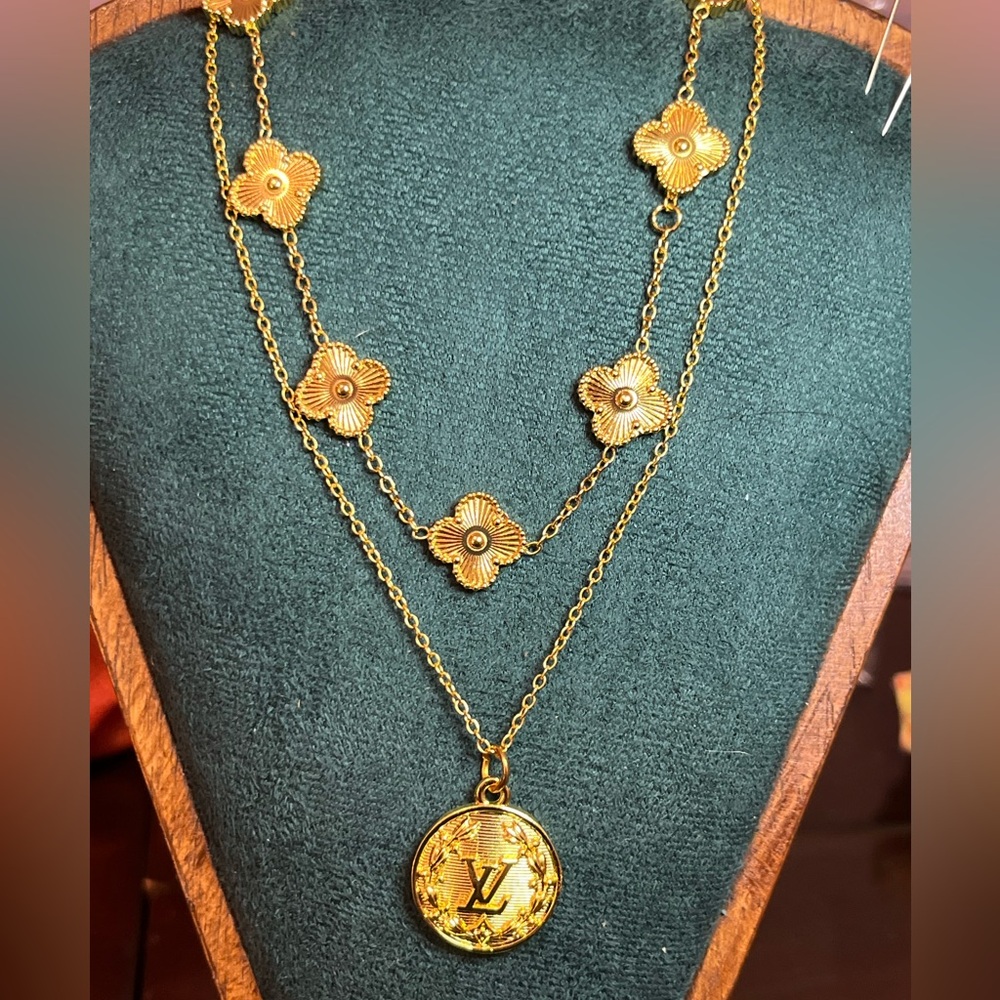 Gold Clover and L &V Upcycled Pendant Necklace Set